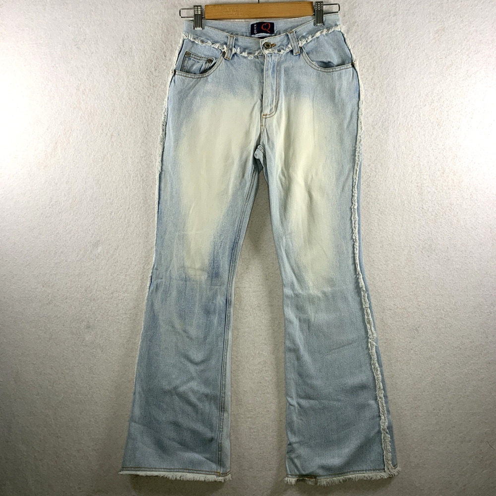 VTG Quick Women Raw Edge Fringe Flared Jeans Sz 3 Indie Y2K Boho Grunge Festival